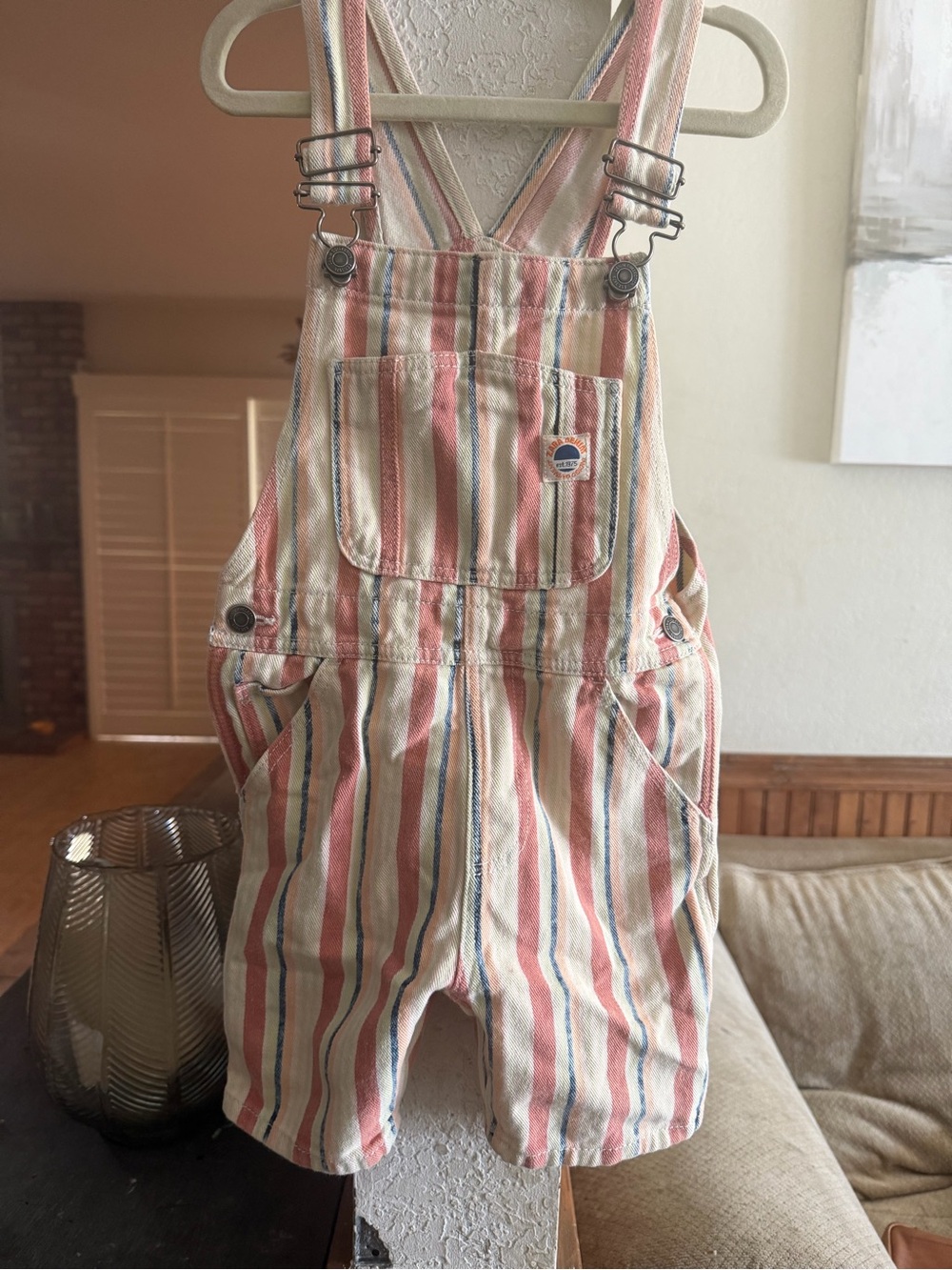 Zara Peach, Cream & Blue Striped Kids Short Overalls